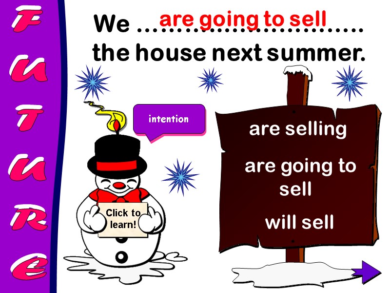 FUTURE We ………..….………….. the house next summer.   are going to sell 
